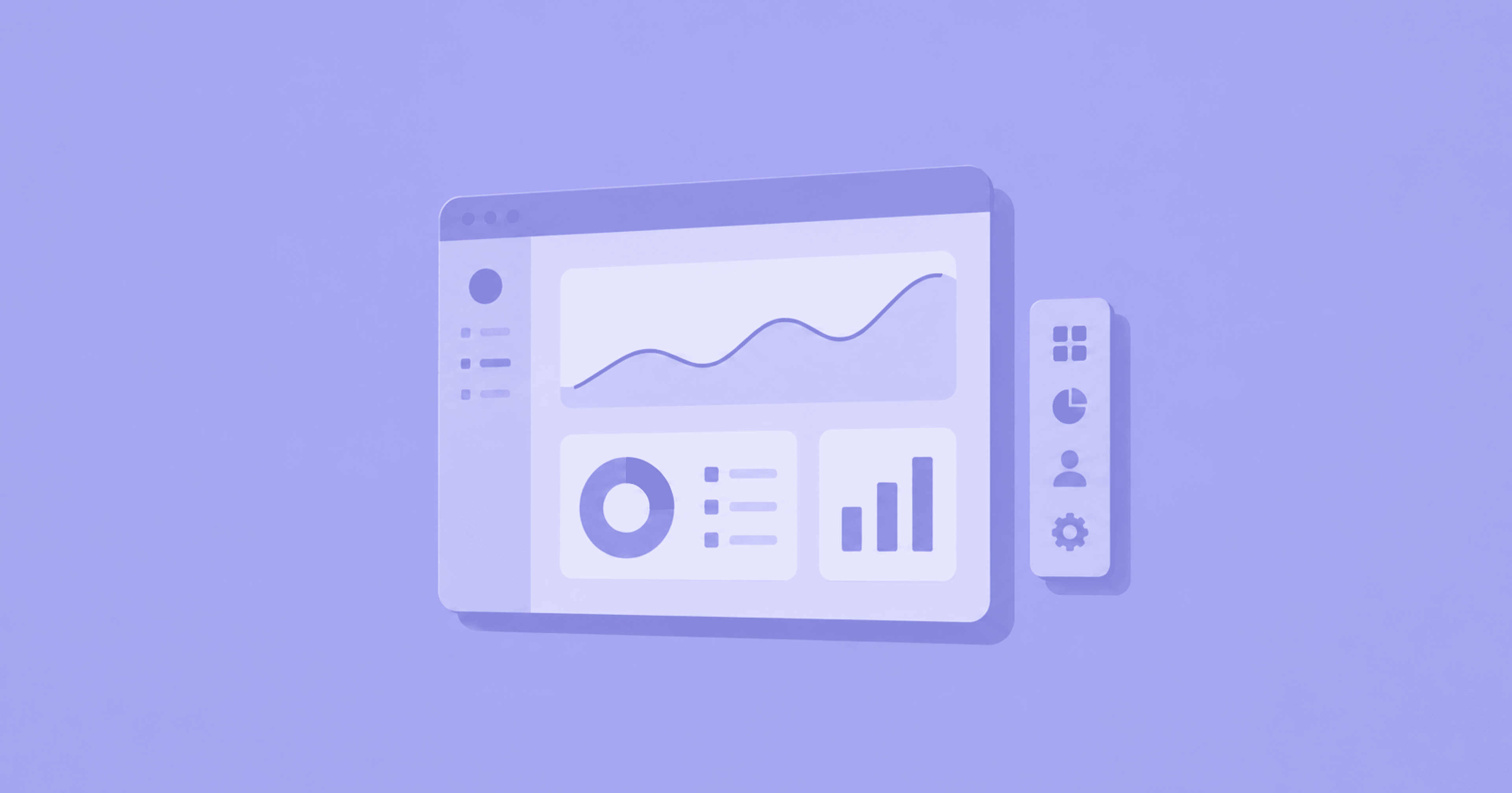 A stylized dashboard showing data visualizations, including a line graph, pie chart, and bar charts.