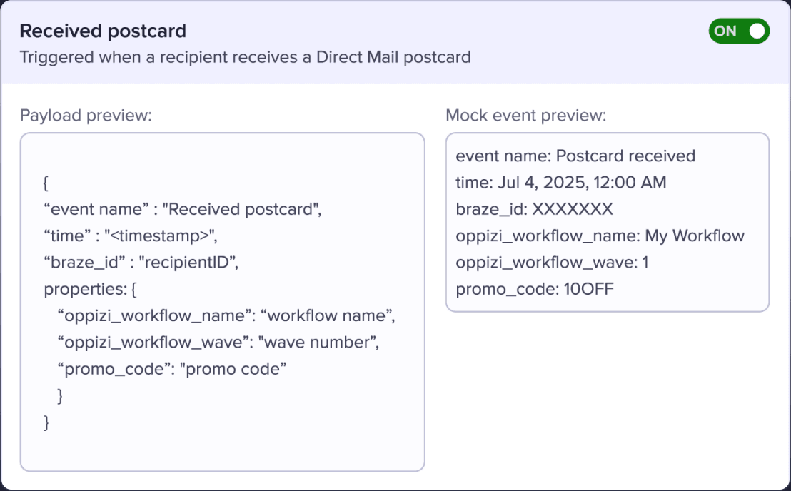 Received-postcard event payload preview in Oppizi OS