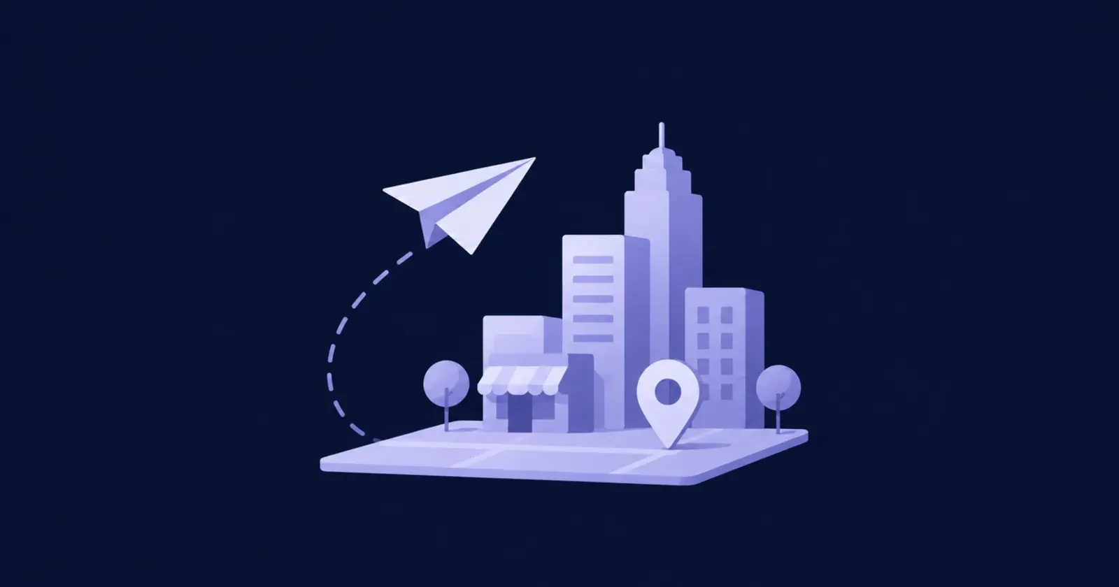 Illustration of a city skyline on a map tile with a paper plane and location pin