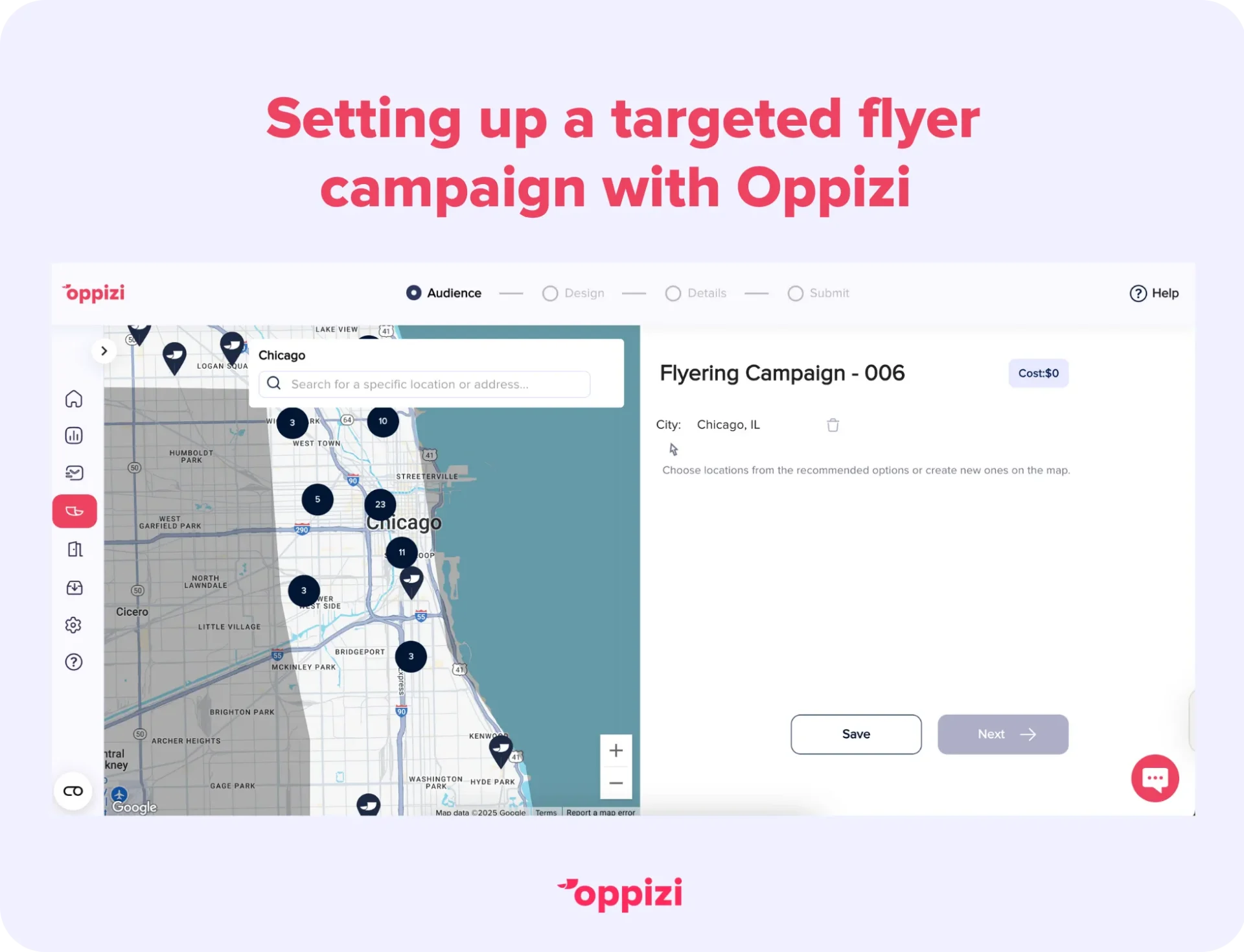 Choosing locations for a targeted flyer campaign on the Oppizi platform.