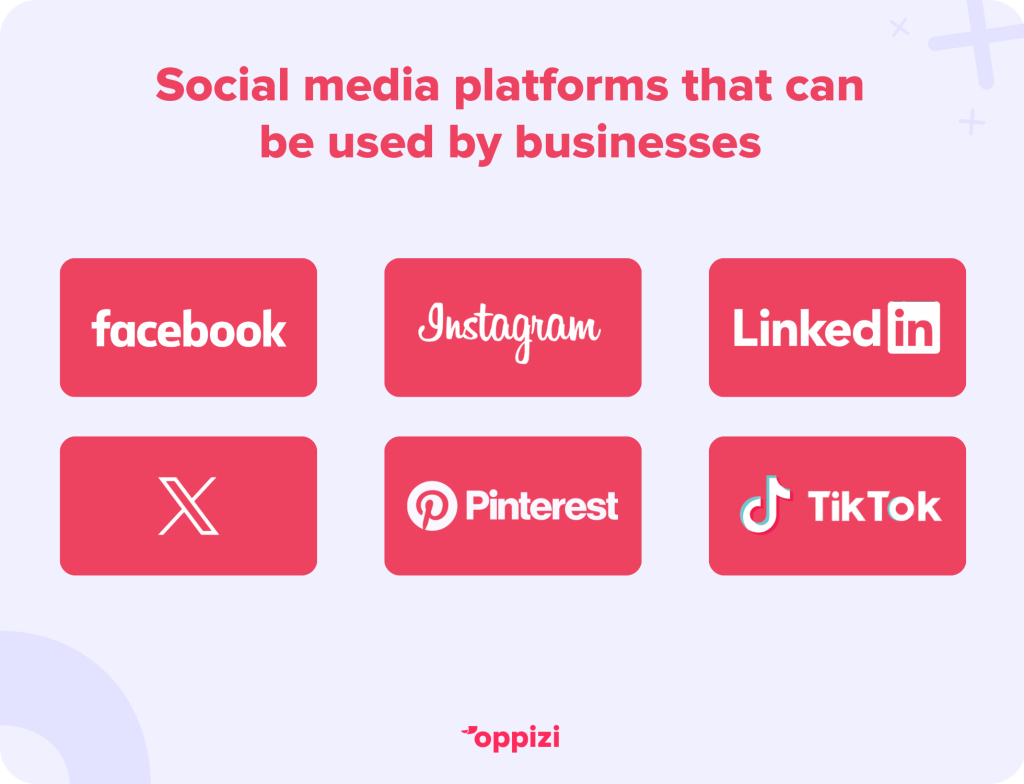 Social media platforms businesses can useFacebookInstagramXTikTokLinkedInPinterest