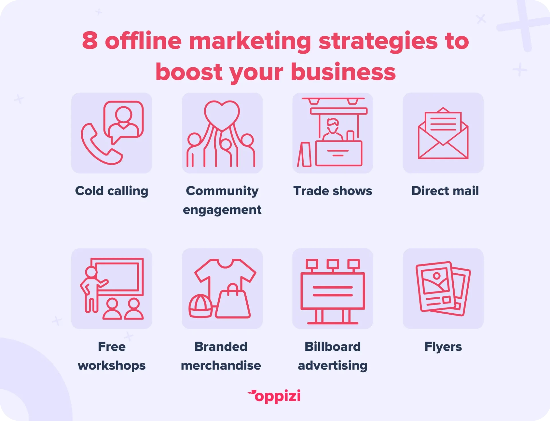8 offline marketing strategies to boost your business:Cold callingCommunity engagementTrade showsDirect mailFree workshopsBranded merchandiseBillboard advertisingFlyers