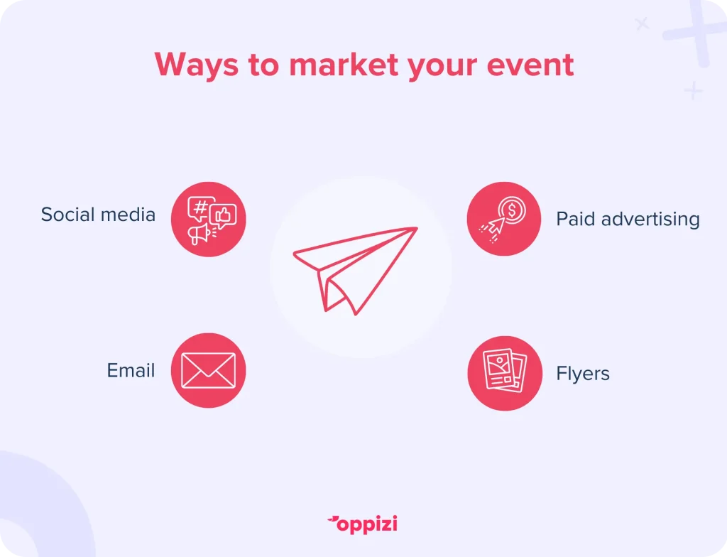 Ways to market your eventSocial mediaEmailPaid advertisingFlyers