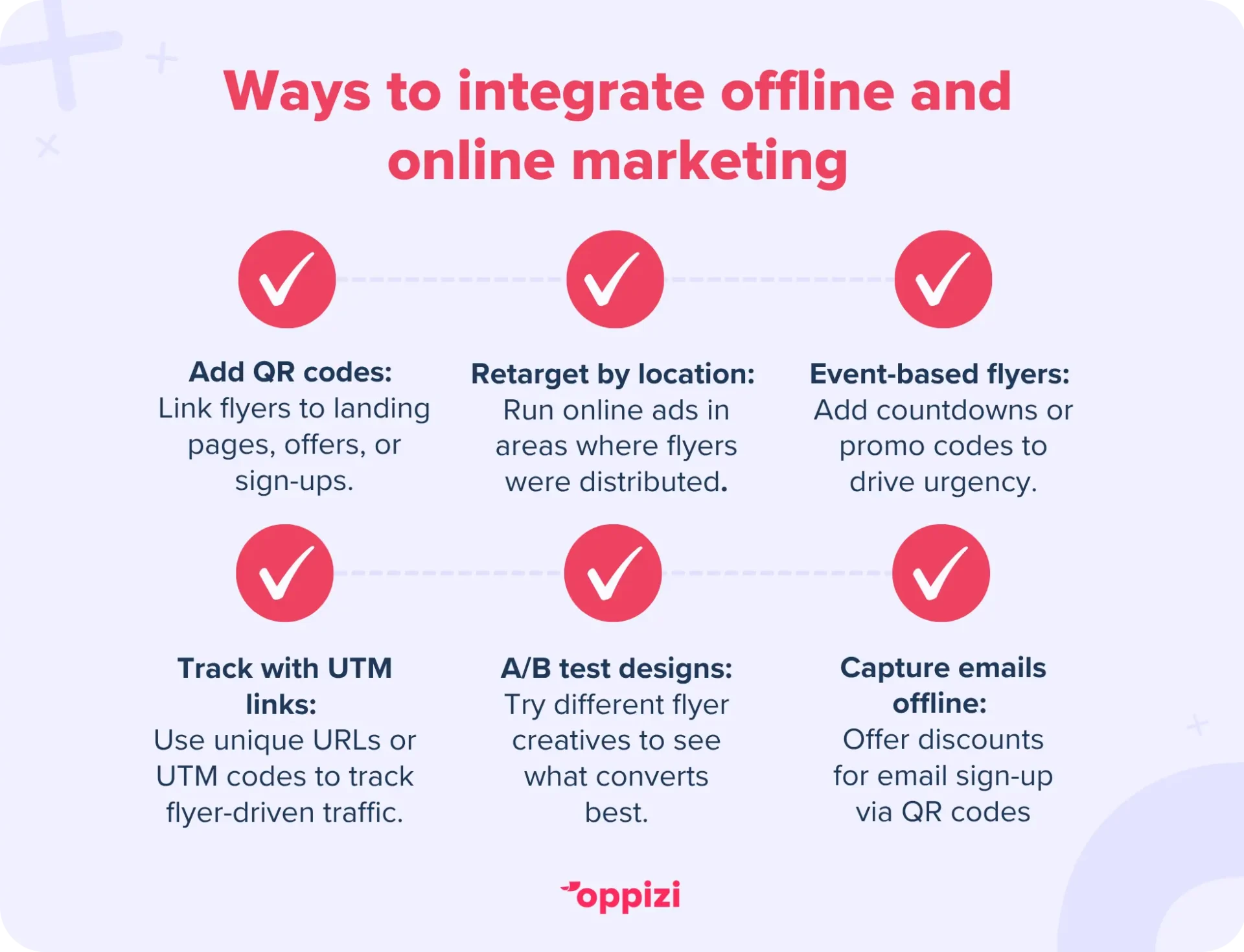 Ways to integrate offline and online marketing
Add QR codes: Link flyers to landing pages, offers, or sign-ups via scannable QR codes.
Retarget by location: Run online ads in areas where flyers were handed out.
Event-based flyers: Use flyers for events—add countdowns or promo codes to drive urgency.
Track with UTM links: Use unique URLs or UTM codes to track flyer-driven traffic.
A/B test designs: Try different flyer creatives in each area to see what converts best.
Capture emails offline: Offer discounts for email sign-up via QR code on your flyer.
