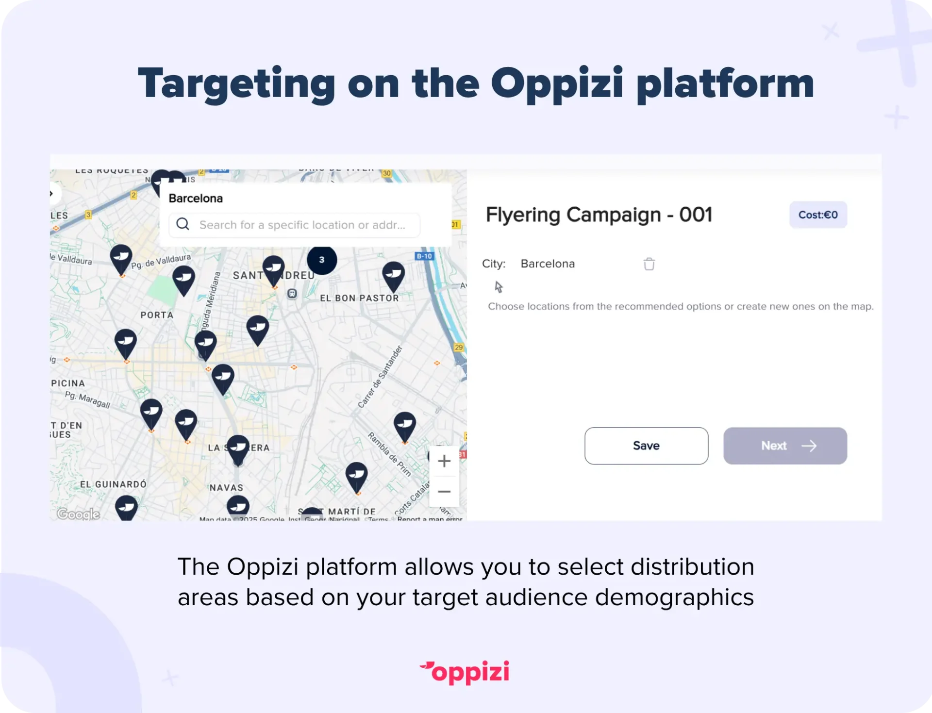 The distribution location selection tool on the Oppizi platform.
