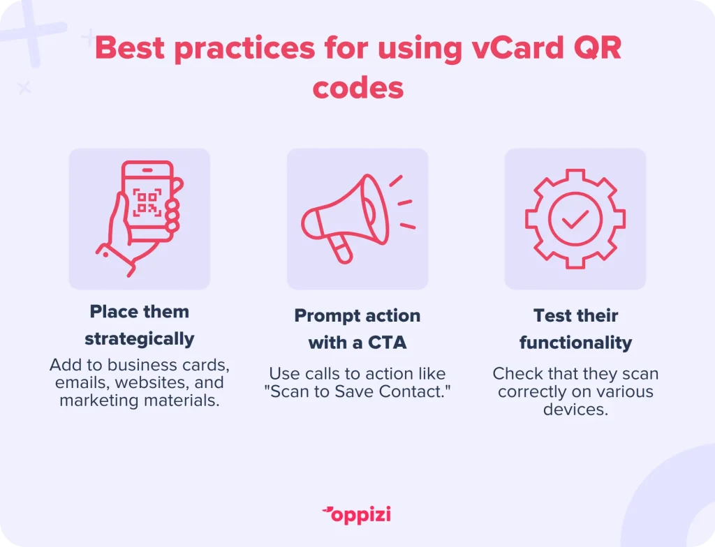 Best practices for using vCard QR codes
Place them strategically: Add to business cards, emails, websites, and marketing materials.
Prompt action with a CTA: Use calls to action like "Scan to Save Contact."
Test their functionality: Check that they scan correctly on various devices.
