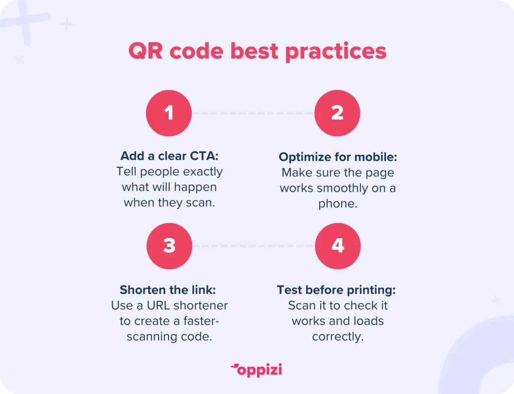 QR code best practices
Add a clear CTA: Tell people exactly what will happen when they scan.
Optimize for mobile: Make sure the page works smoothly on a phone.
Shorten the link: Use a URL shortener to create a faster-scanning code.
Test before printing: Scan it to check it works and loads correctly.
