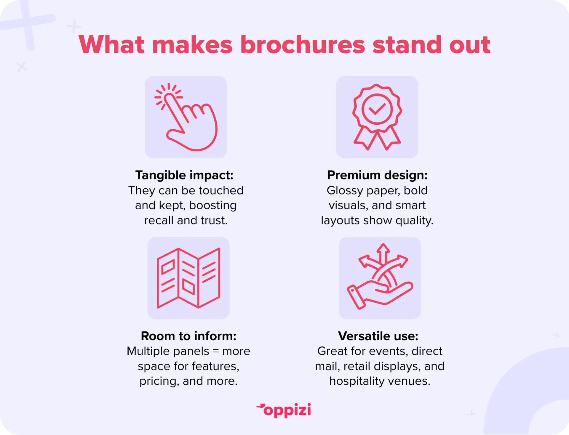 What makes brochures stand out
Tangible impact: They can be touched and kept, boosting recall and trust.
Premium design: Glossy paper, bold visuals, and smart layouts show quality.
Room to inform: Multiple panels = more space for features, pricing, and more.
Versatile use: Great for events, direct mail, retail displays, and hospitality venues.
