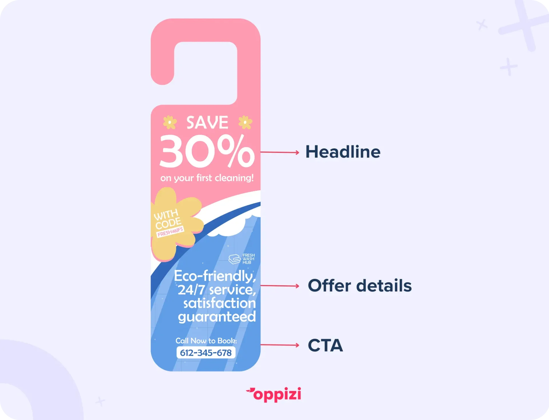 A design of a door hanger for a cleaning service which clearly shows the headline, offer details, and CTA.