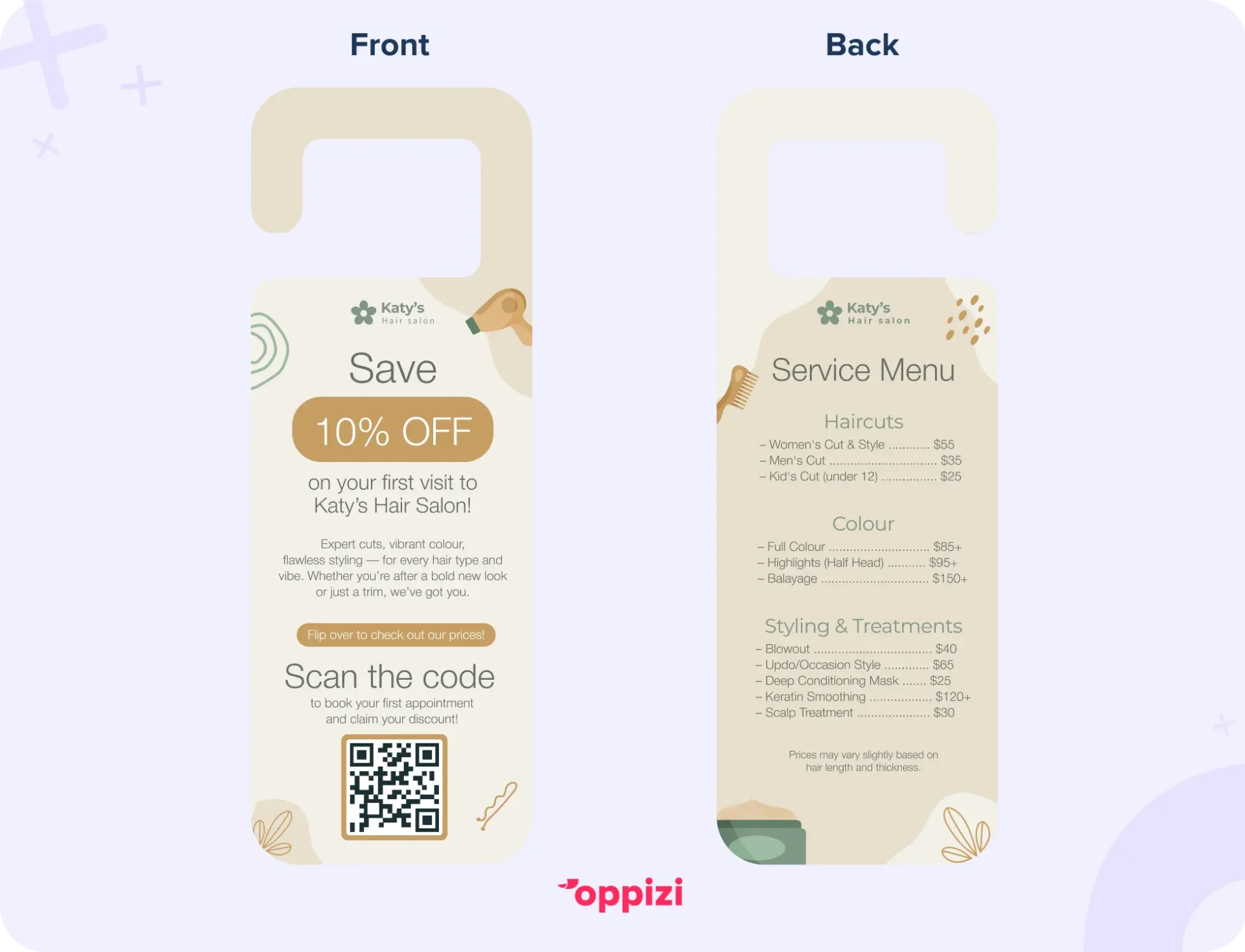 An example of a door hanger design for a hair salon, showing offer details on the front of the hanger, and a service list on the back.