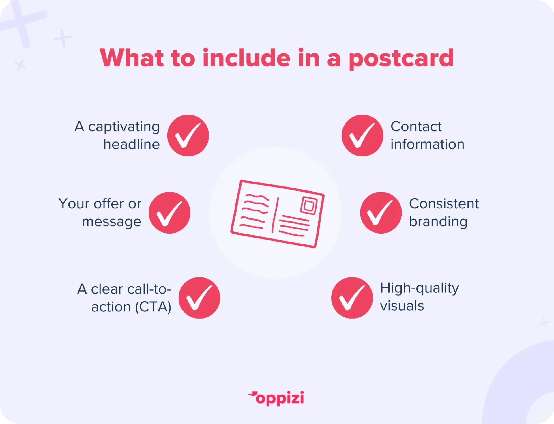 What to include in a postcard
A captivating headline
Your offer or message
A clear call-to-action (CTA)
Contact information
Consistent branding
High-quality visuals
