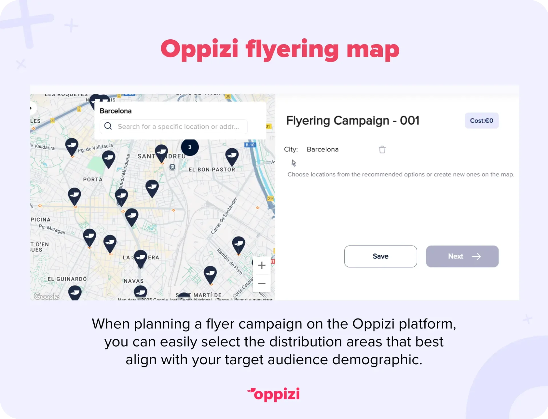 Planning the flyer distribution areas on the Oppizi platform.